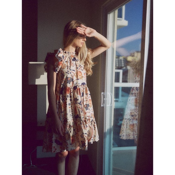 Ulla Johnson Floral Ruffle Tiered Babydoll Mini Dress Cream Blue Ochre - Picture 8 of 16